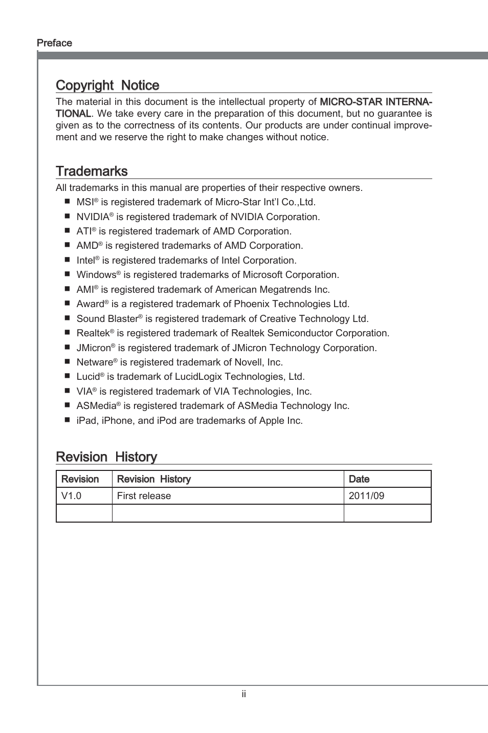 Preface, Copyrght notce, Trademarks | Revson hstory | MSI X79A-GD45 User Manual | Page 2 / 88