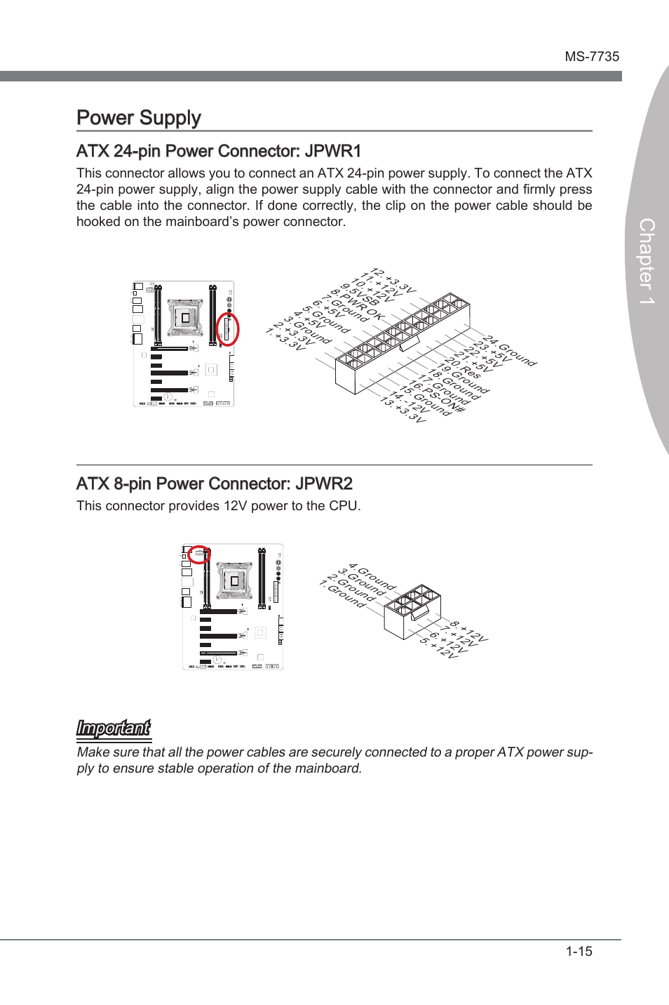 Power supply -15, Atx 24-pn power connector, Jpwr1 | Atx 8-pn power connector, Jpwr2, Chapter 1 power supply, Atx 24-pn power connector: jpwr1, Atx 8-pn power connector: jpwr2, Important, Ths connector provdes 12v power to the cpu | MSI X79A-GD45 User Manual | Page 25 / 88