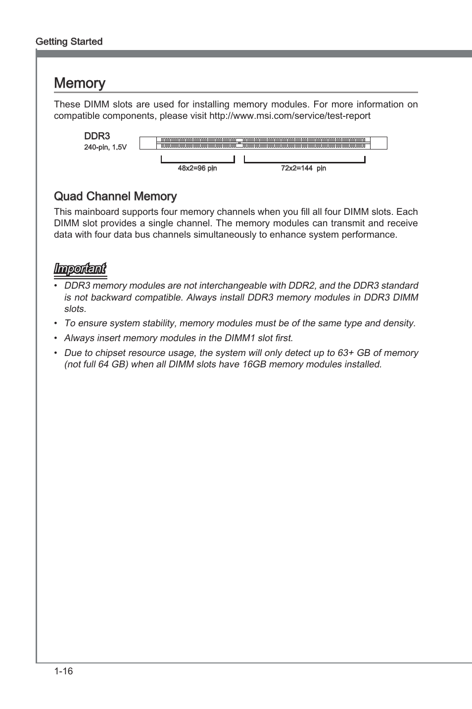 Memory -16, Ddr3 memory slots, Dimm1~4 | Important | MSI X79A-GD45 User Manual | Page 26 / 88