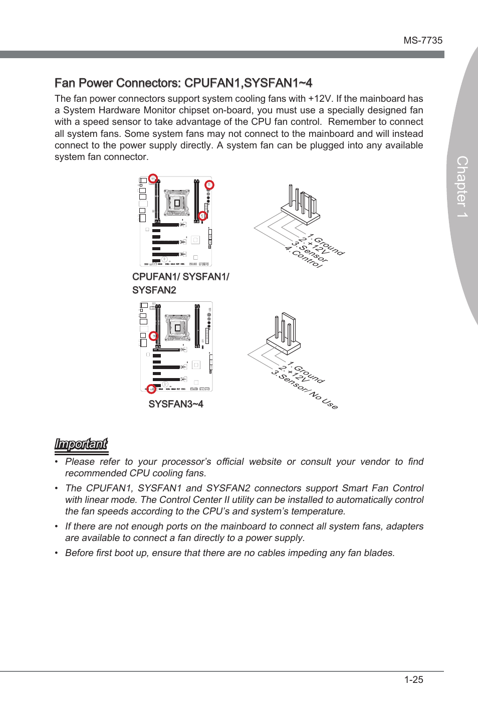 Chapter 1, Fan power connectors: cpufan1,sysfan1~4, Important | MSI X79A-GD45 User Manual | Page 35 / 88