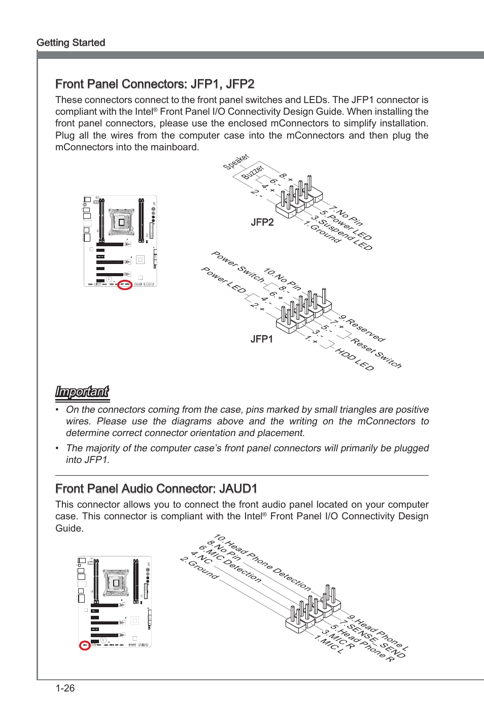Front panel connectors, Jfp1, jfp2, Front panel audo connector | Jaud1, Front panel connectors: jfp1, jfp2, Important, Front panel audo connector: jaud1 | MSI X79A-GD45 User Manual | Page 36 / 88