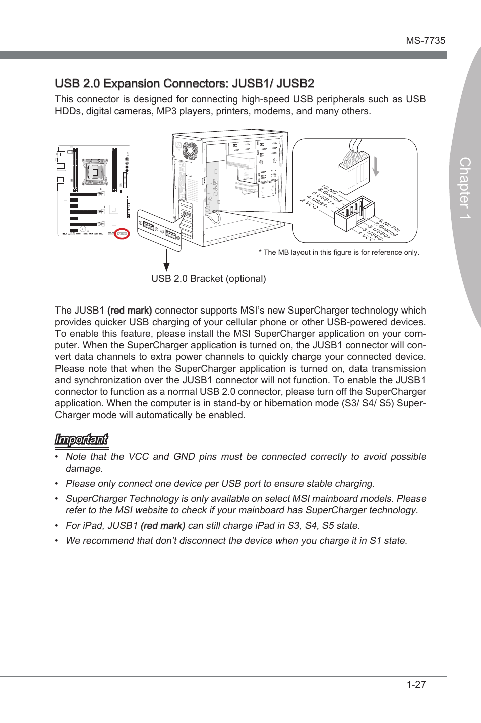 Usb 2.0 expanson connectors, Jusb1/ jusb2, Chapter 1 | Usb 2.0 expanson connectors: jusb1/ jusb2, Important | MSI X79A-GD45 User Manual | Page 37 / 88