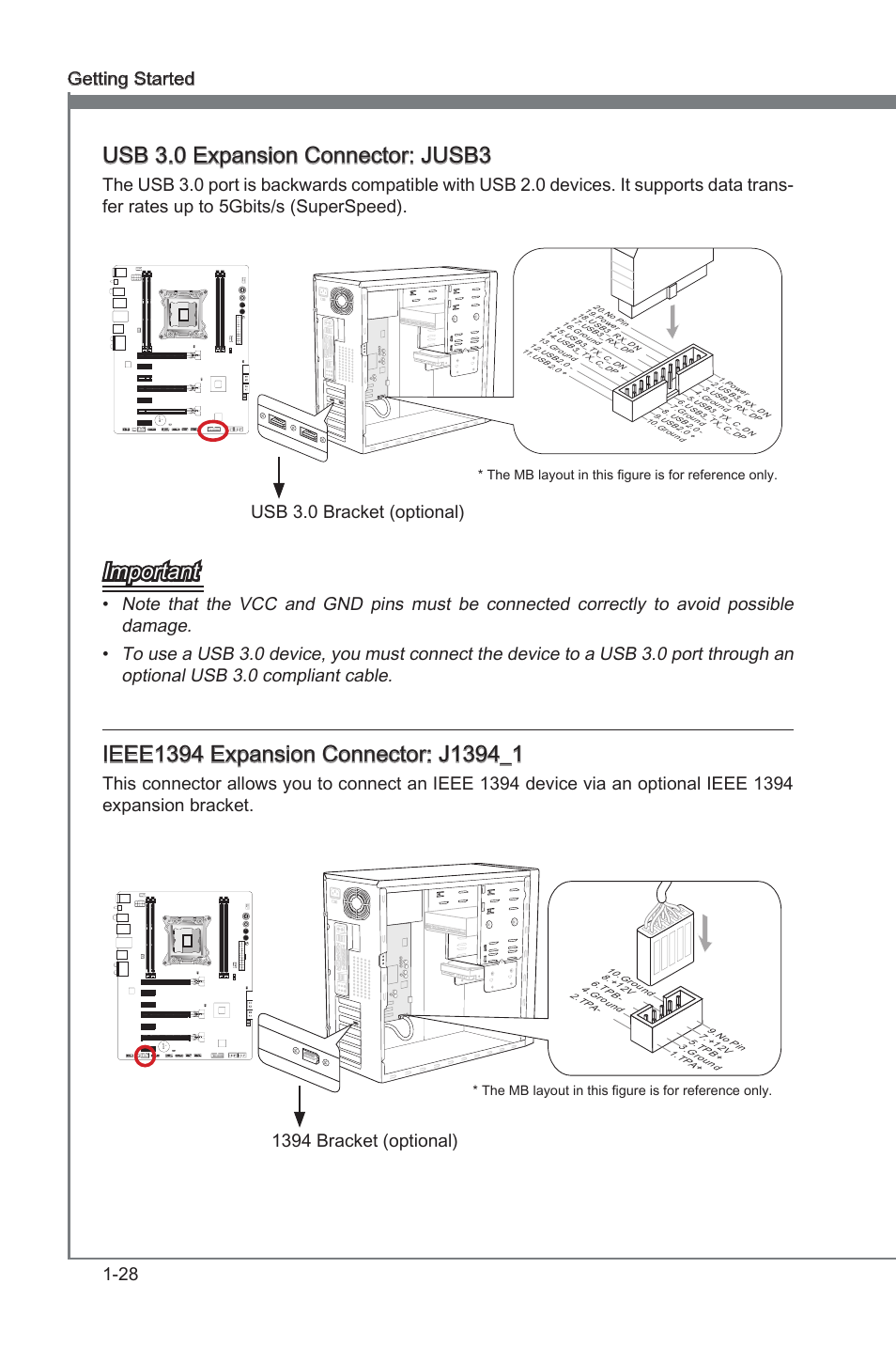 Usb 3.0 expanson connector, Jusb3, Ieee1394 expanson connector | J1394_1, Usb 3.0 expanson connector: jusb3, Important, 28 gettng started, Usb 3.0 bracket (optonal), 1394 bracket (optonal), 11 5 v | MSI X79A-GD45 User Manual | Page 38 / 88