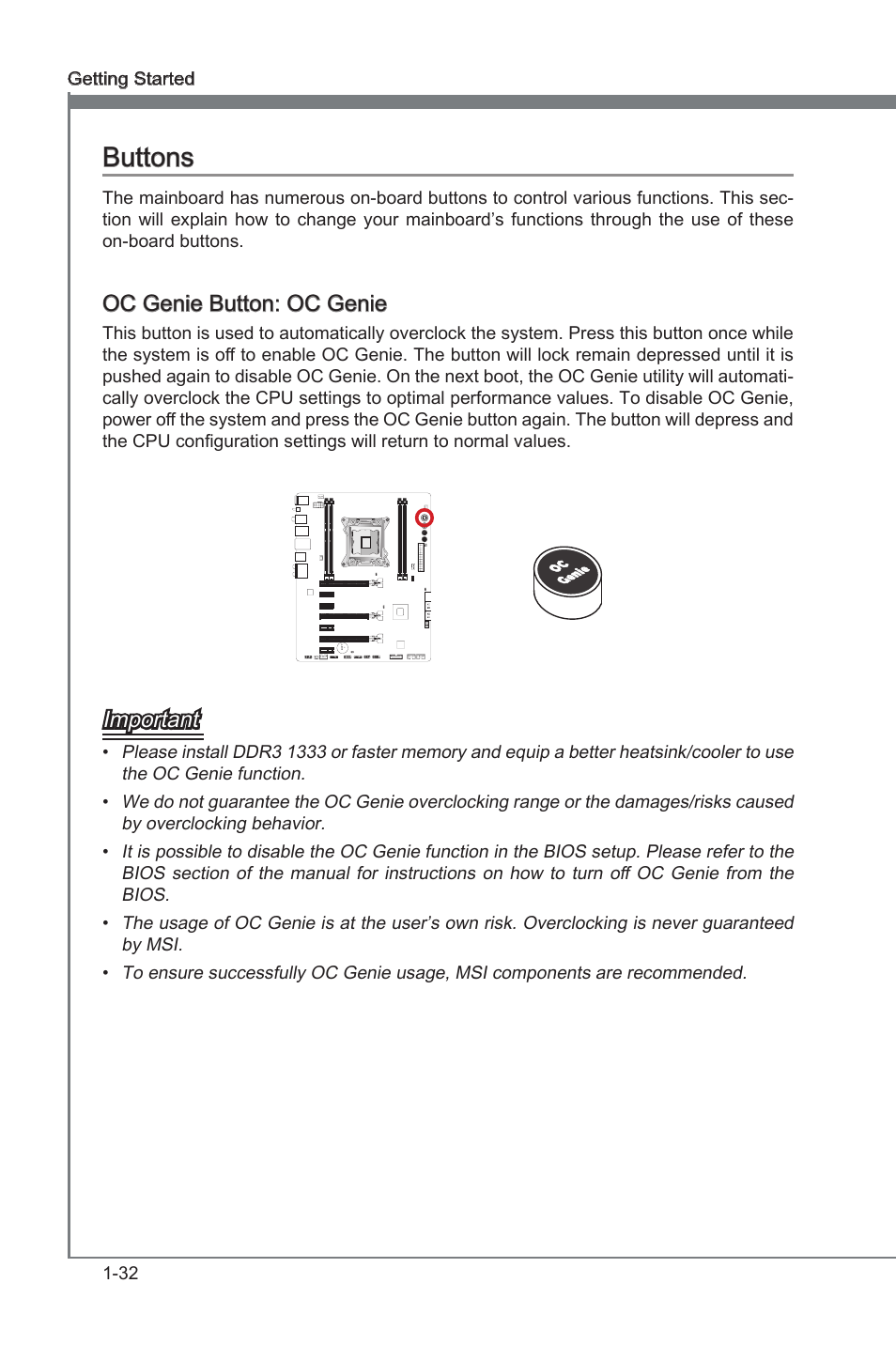 Buttons -32, Oc gene button, Oc gene | Buttons, Oc gene button: oc gene, Important | MSI X79A-GD45 User Manual | Page 42 / 88