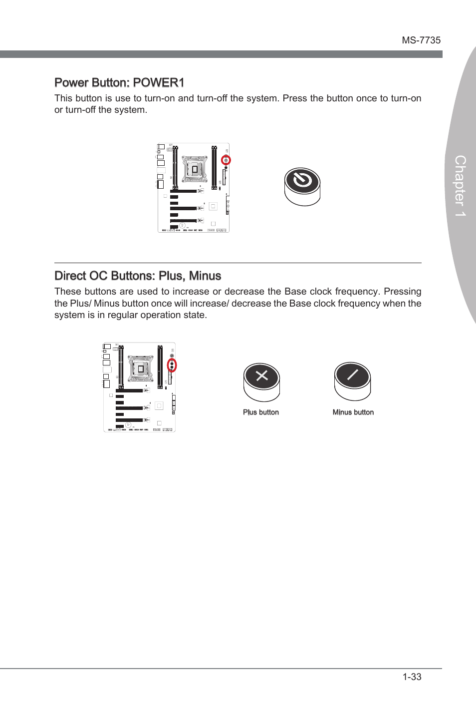 Power button, Power1, Rect oc buttons | Plus, mnus, Chapter 1, Power button: power1, Drect oc buttons: plus, mnus | MSI X79A-GD45 User Manual | Page 43 / 88