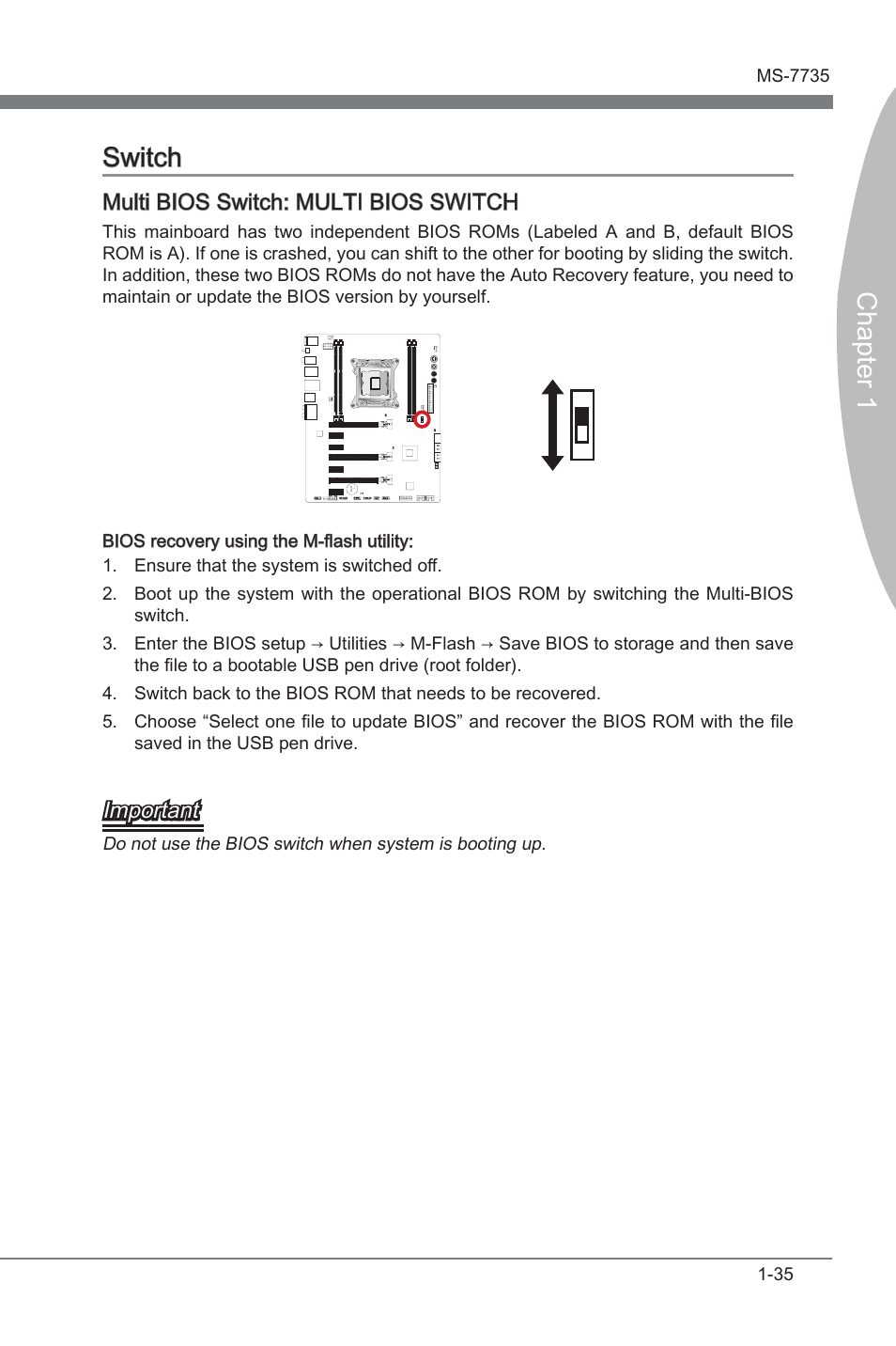Swtch -35, Bios swtch, Multi bios switch 1-35 | Chapter 1 swtch, Mult bios swtch: multi bios switch, Important | MSI X79A-GD45 User Manual | Page 45 / 88