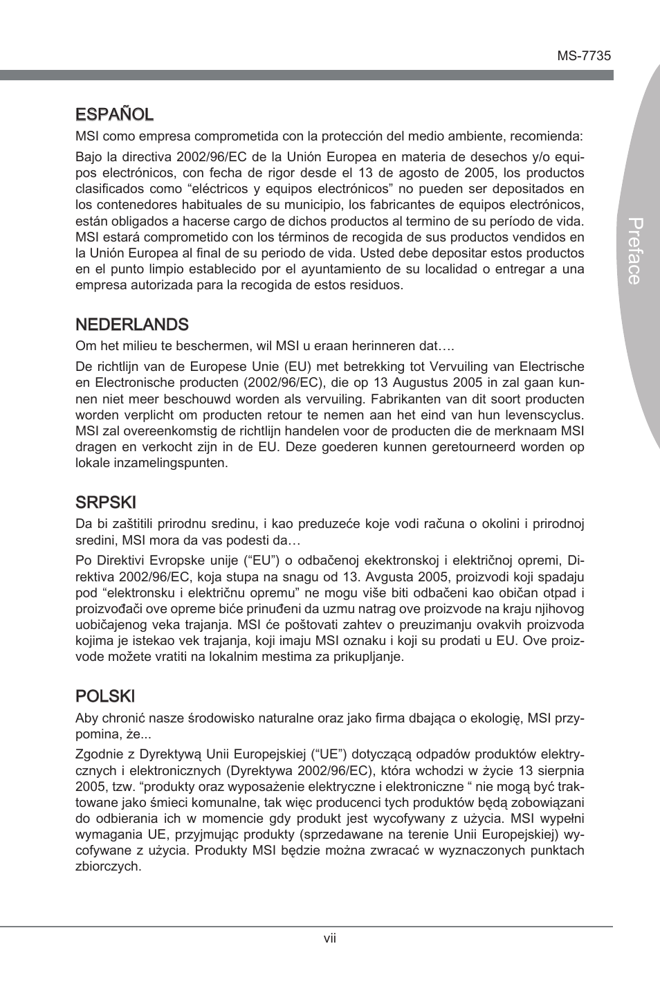 Preface, Español, Nederlands | Srpski, Polski | MSI X79A-GD45 User Manual | Page 7 / 88
