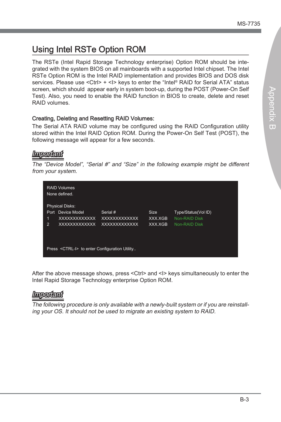 Append x b, Append x b usng intel rste opton rom, Important | MSI X79A-GD45 User Manual | Page 79 / 88