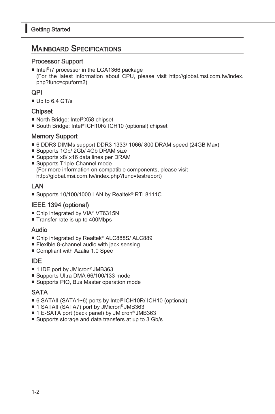 Mainboard specifications, Manboard specficatons -2 | MSI X58M User Manual | Page 12 / 104
