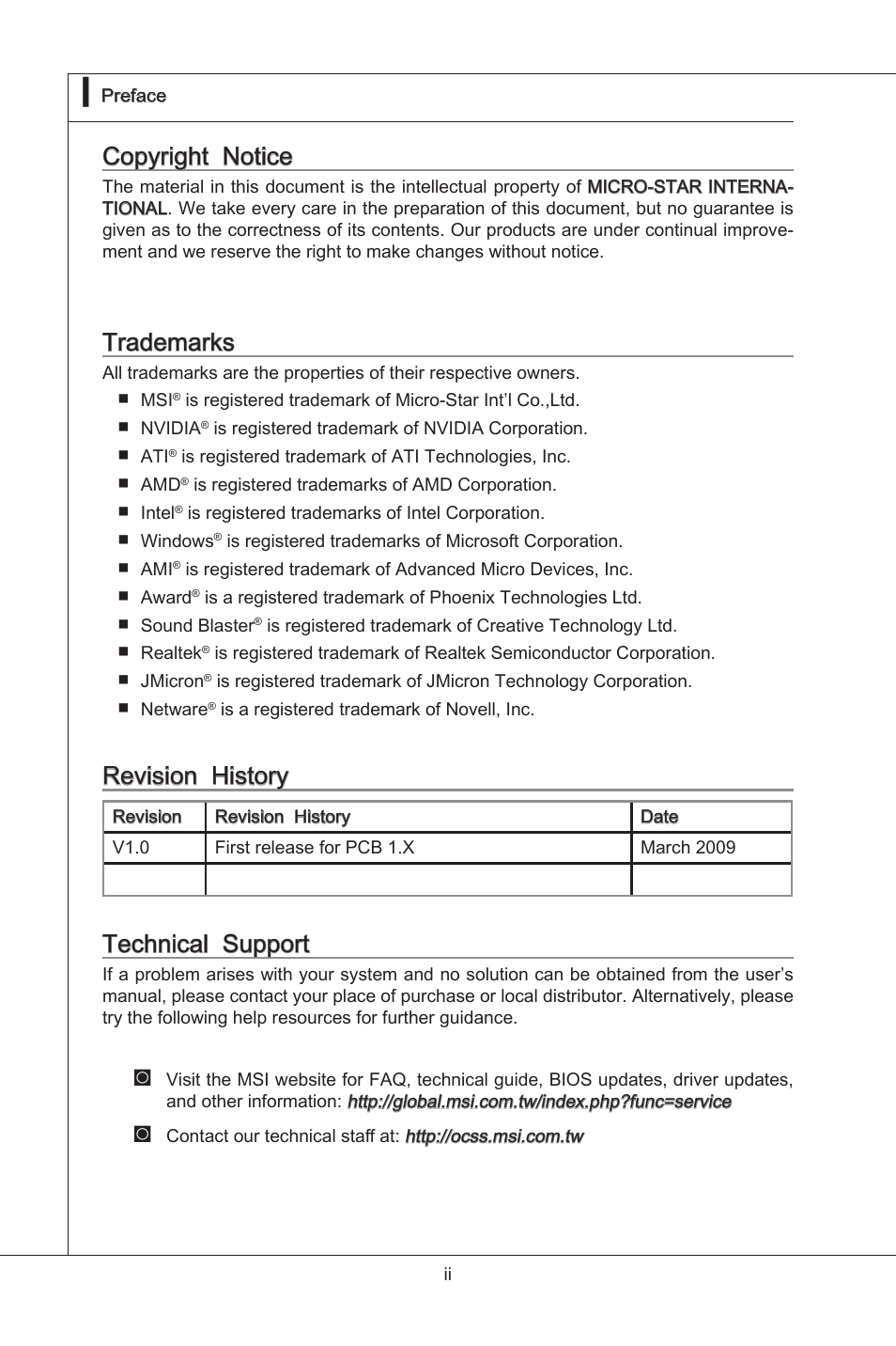 Copyright notice, Trademarks, Revision history | Technical support, Copyrght notce, Revson hstory, Techncal support | MSI X58M User Manual | Page 2 / 104