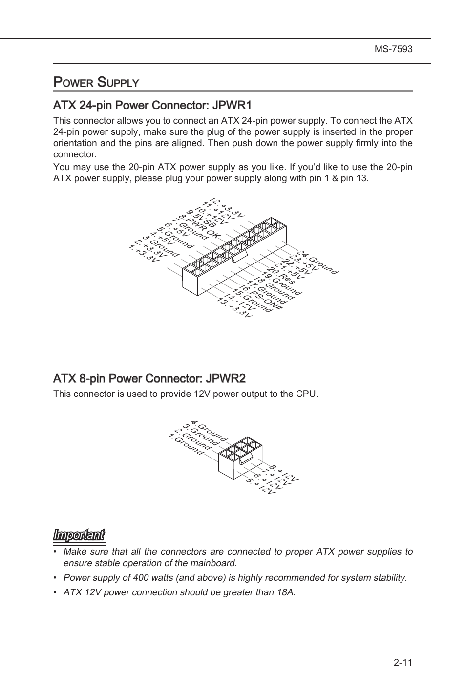 Power supply, Power supply -11, Atx 24-pn power connector: jpwr1 | Atx 8-pn power connector: jpwr2, Important | MSI X58M User Manual | Page 27 / 104