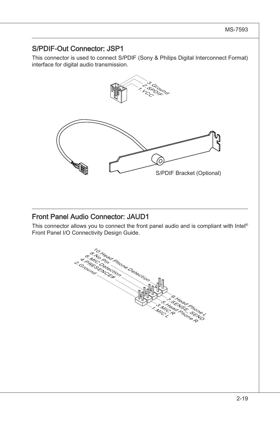 S/pdif-out connector: jsp1, Front panel audo connector: jaud1 | MSI X58M User Manual | Page 35 / 104