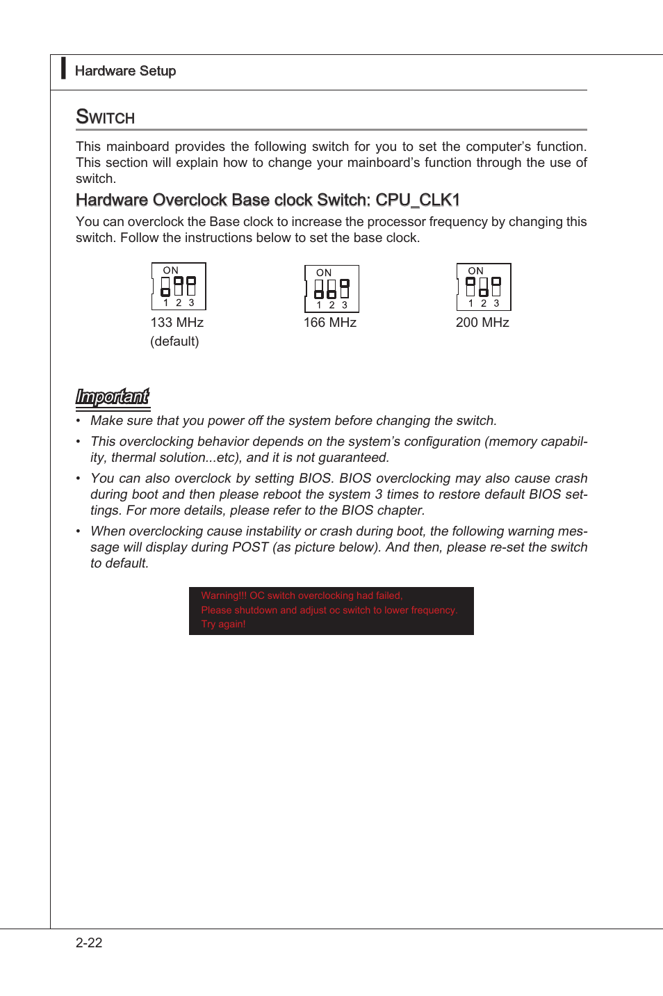 Switch, Swtch -22, Hardware overclock base clock swtch: cpu_clk1 | Important | MSI X58M User Manual | Page 38 / 104