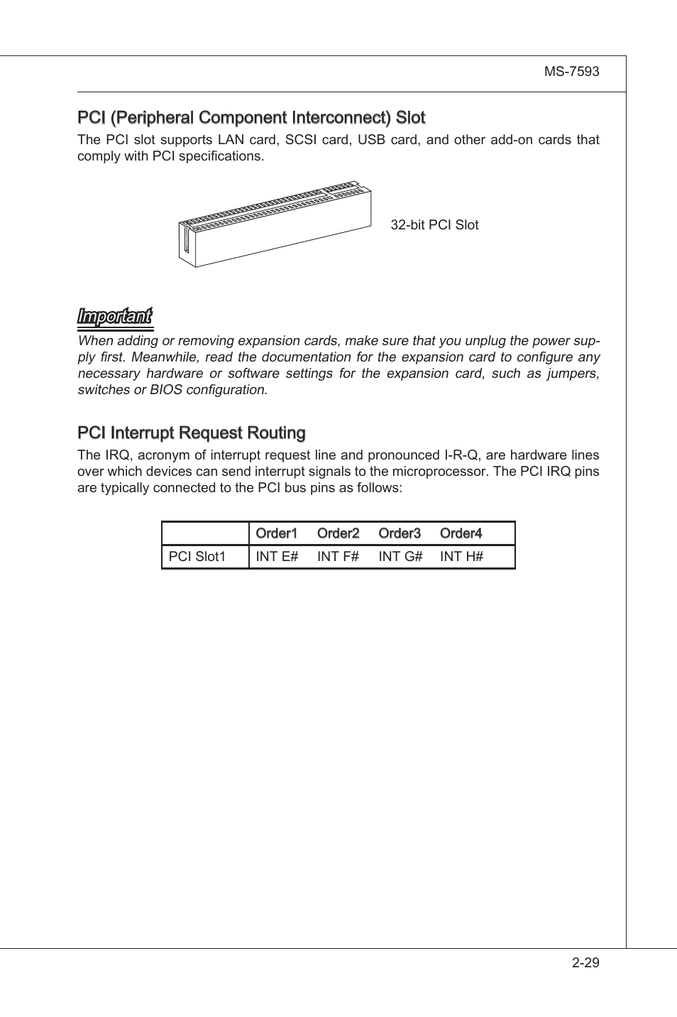Pci (perpheral component interconnect) slot, Important, Pci interrupt request routng | MSI X58M User Manual | Page 45 / 104