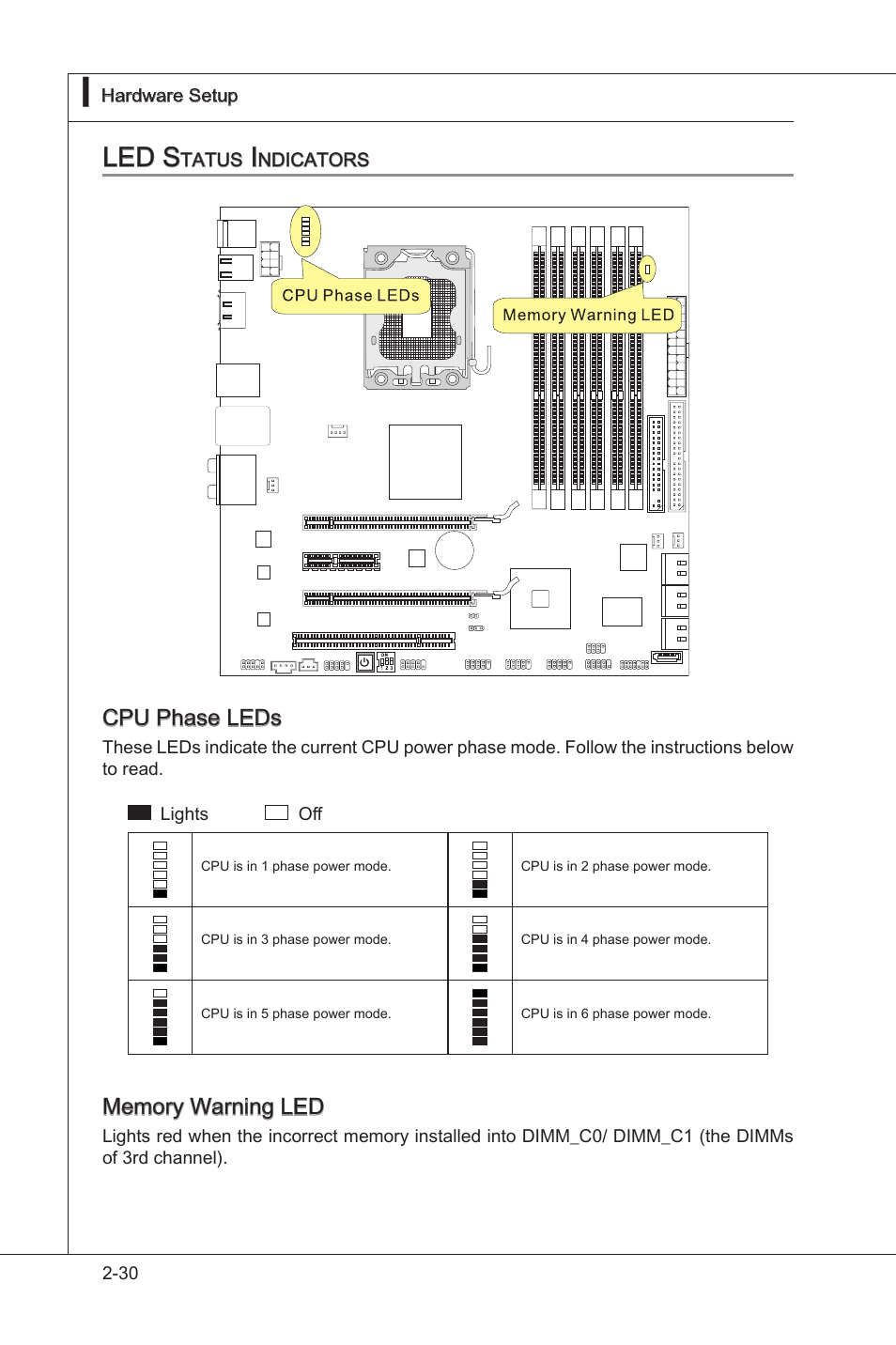 Led status indicators, Led status indcators -30, Led s | Cpu phase leds | MSI X58M User Manual | Page 46 / 104