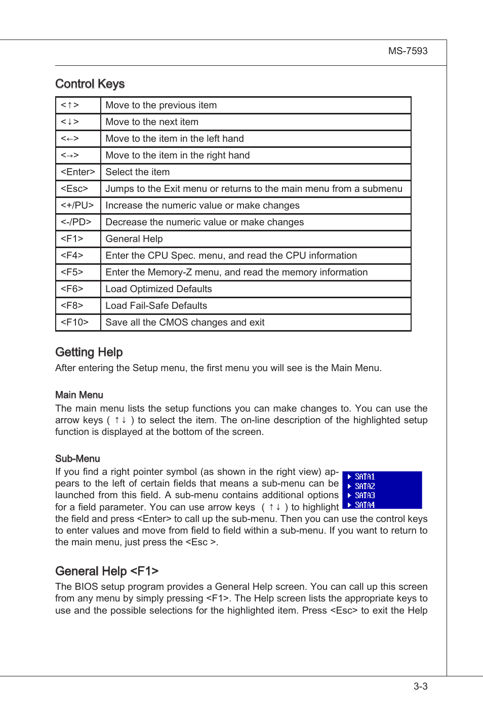 Control keys, Gettng help, General help <f1 | MSI X58M User Manual | Page 49 / 104