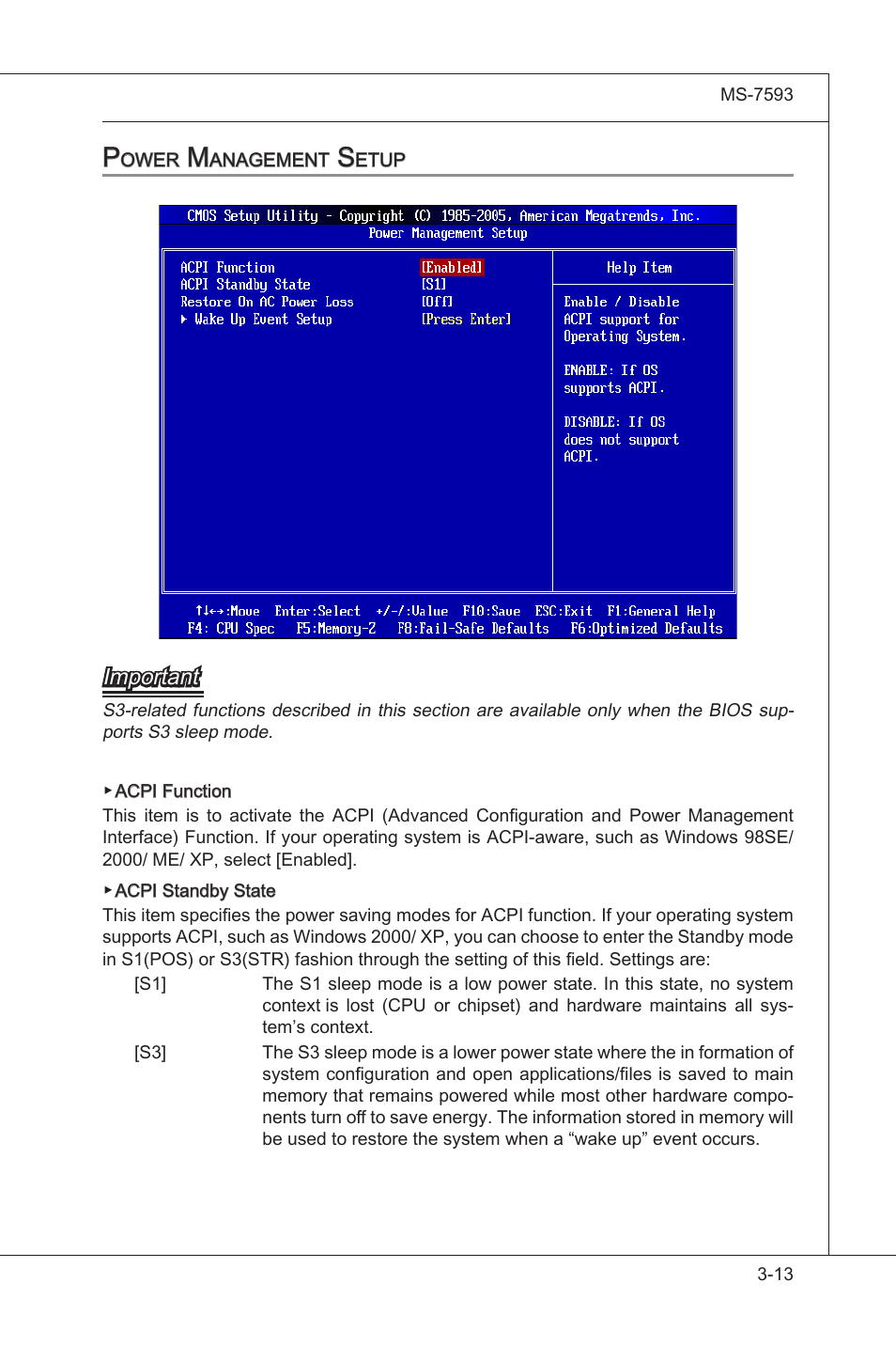 Power management setup, Power management setup -13, Important | MSI X58M User Manual | Page 59 / 104