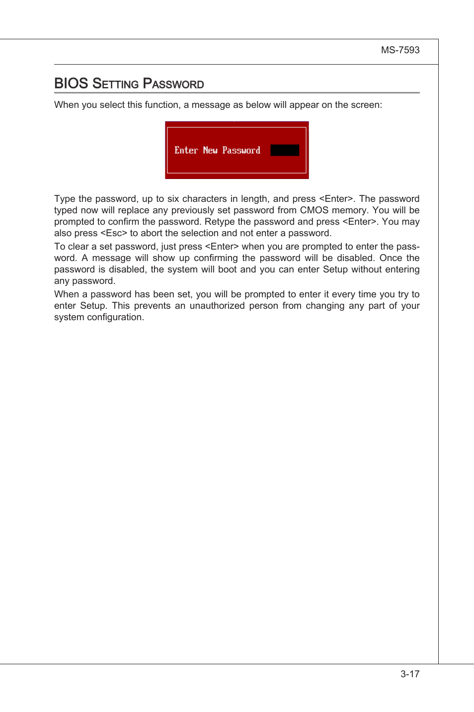 Bios setting password, Bios settng password -17, Bios s | MSI X58M User Manual | Page 63 / 104
