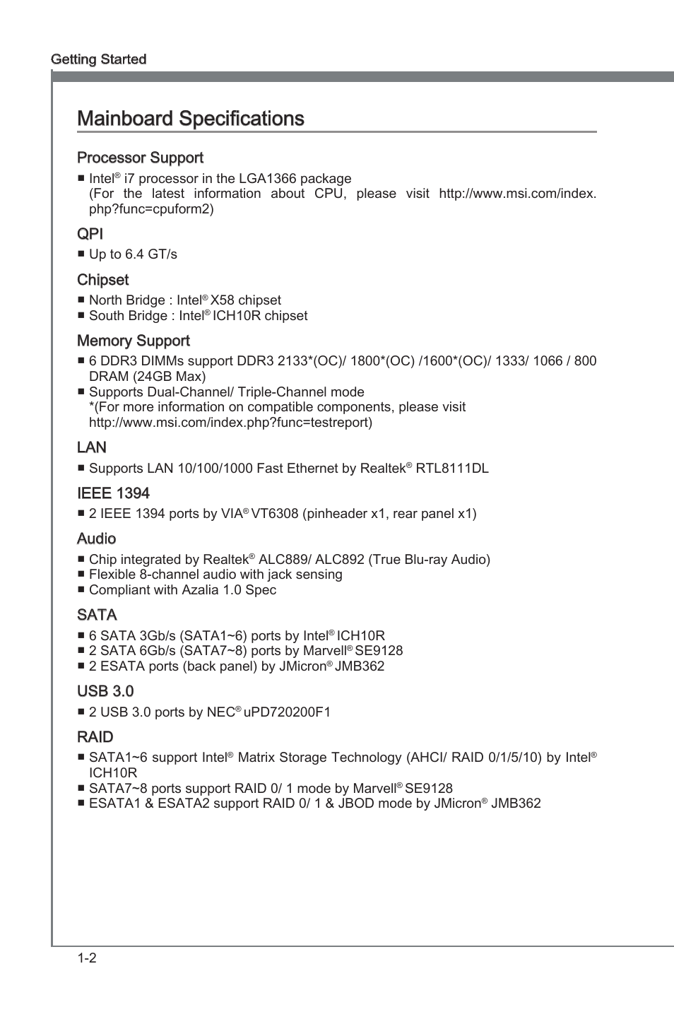 Mainboard specifications | MSI X58A-GD65 User Manual | Page 12 / 100