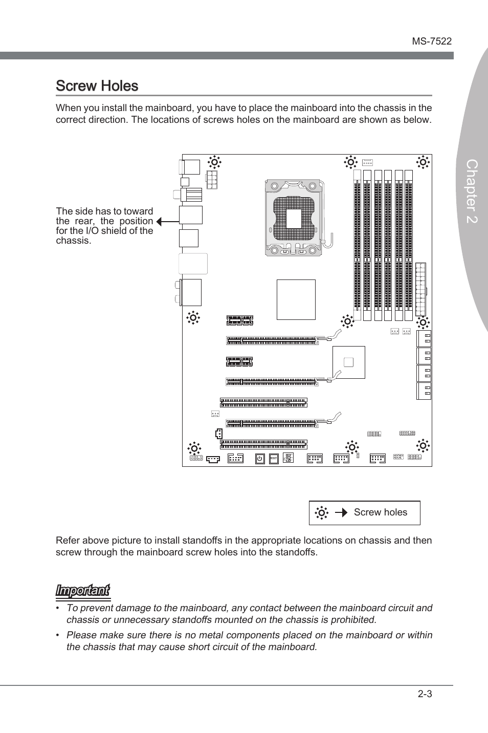 Chapter 2, Screw holes, Important | MSI X58A-GD65 User Manual | Page 19 / 100