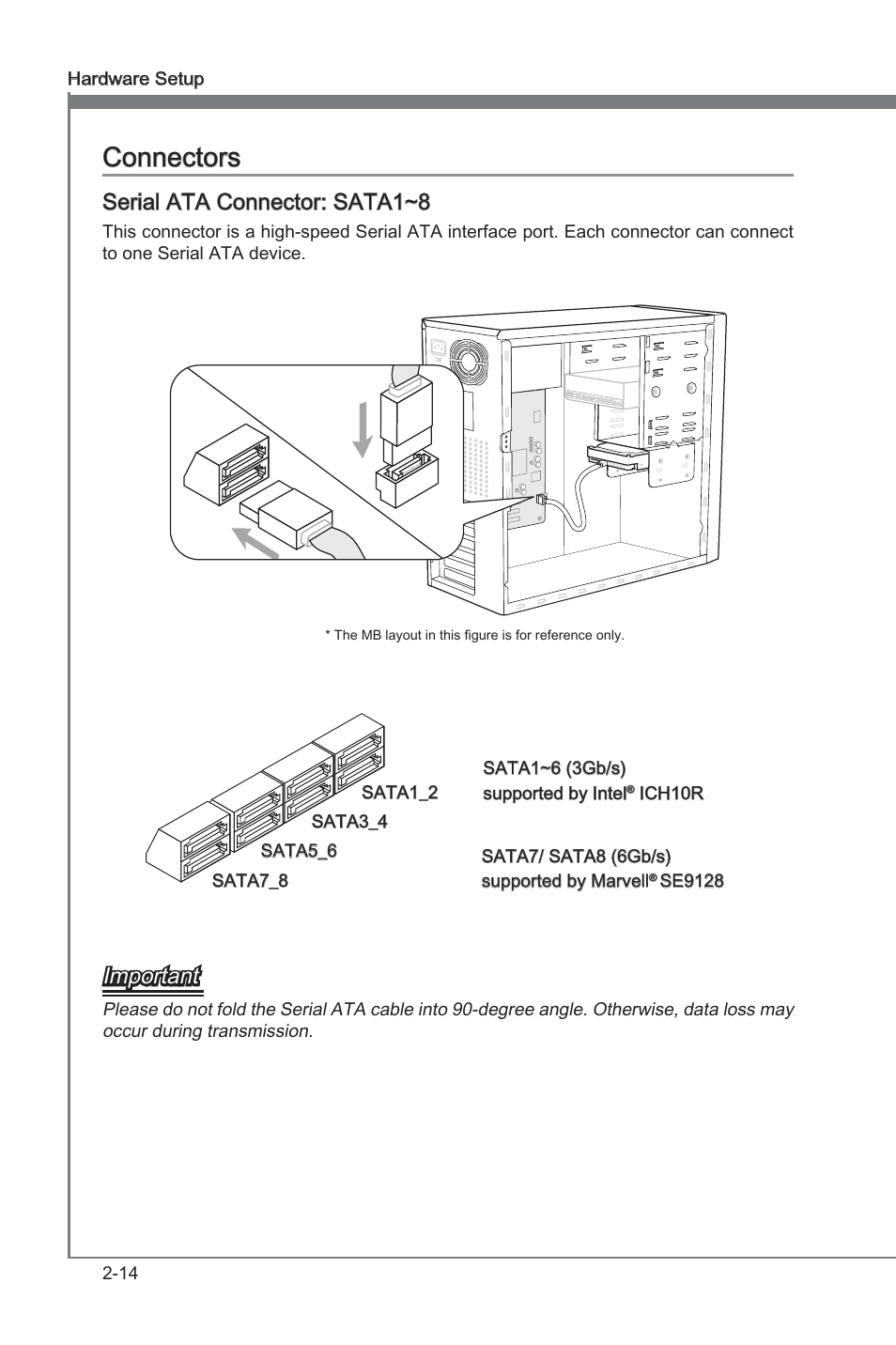 Chapter 2, Chapter 2 connectors, Serial ata connector: sata1~8 | Important | MSI X58A-GD65 User Manual | Page 30 / 100