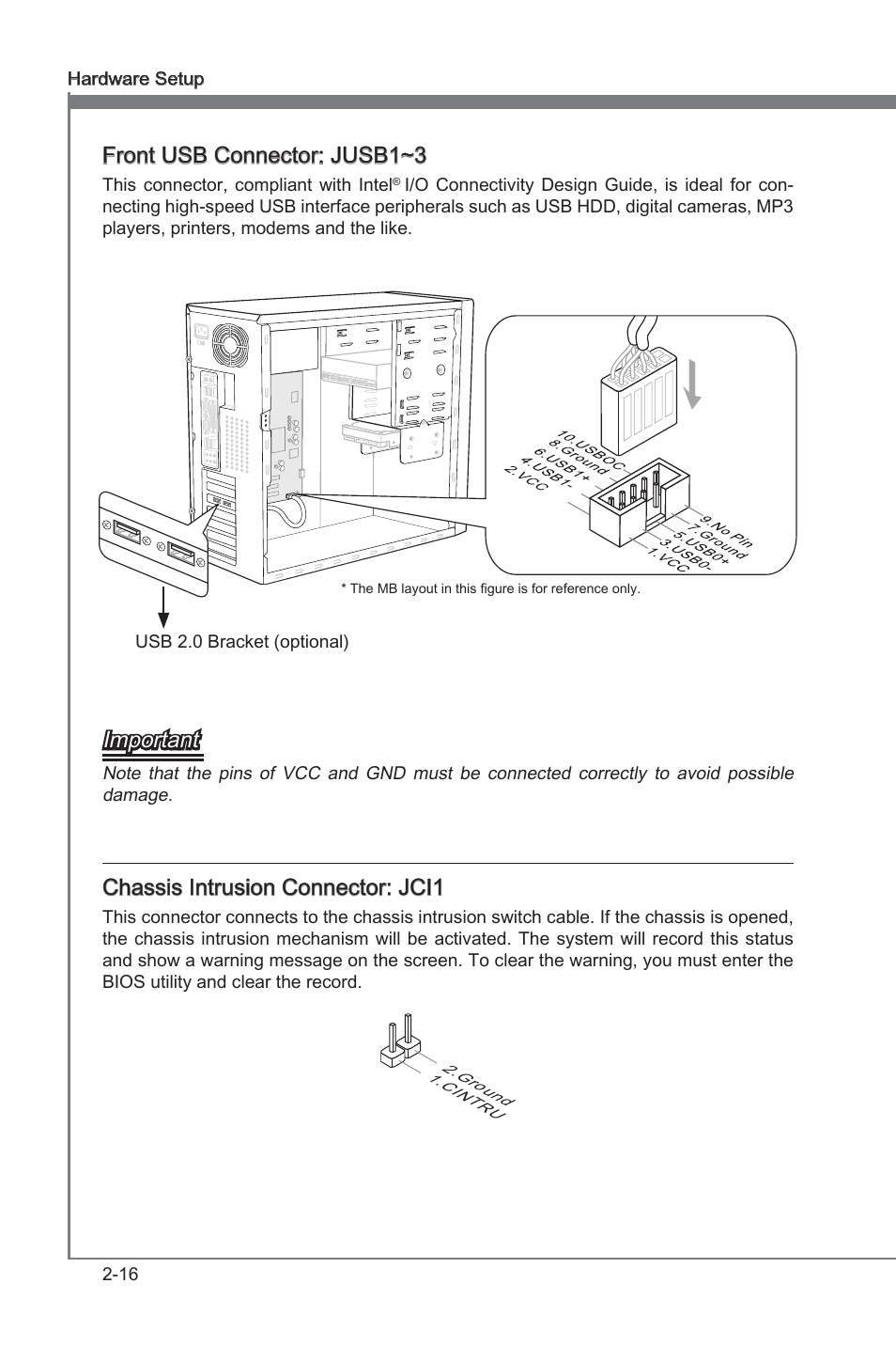 Chapter 2, Front usb connector: jusb1~3, Important | Chassis intrusion connector: jci1 | MSI X58A-GD65 User Manual | Page 32 / 100