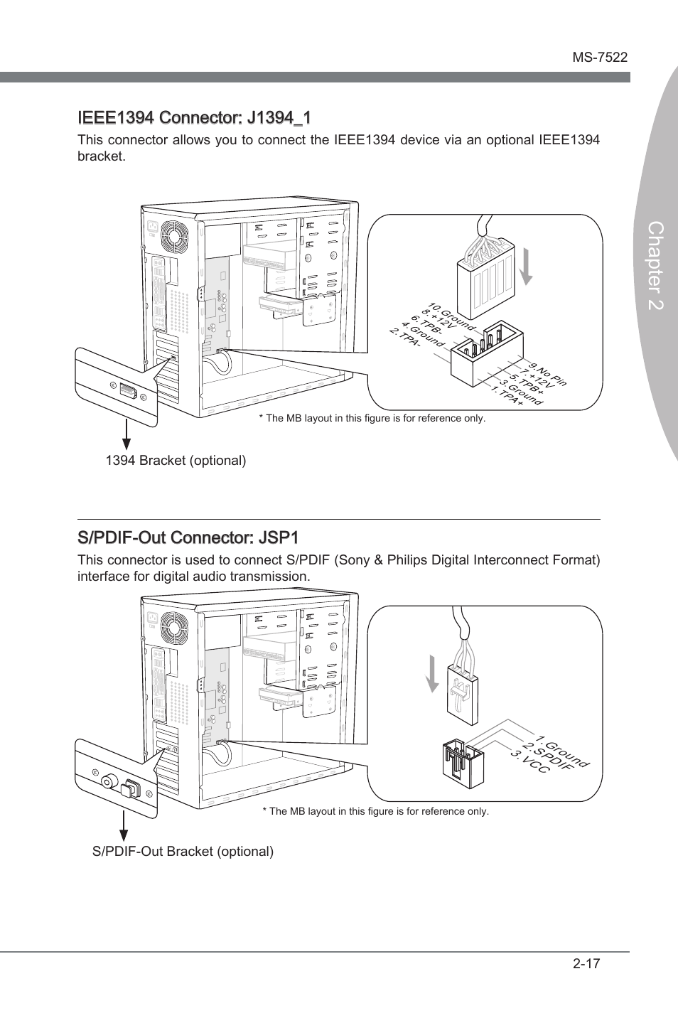 Chapter 2, S/pdif-out connector: jsp1 | MSI X58A-GD65 User Manual | Page 33 / 100