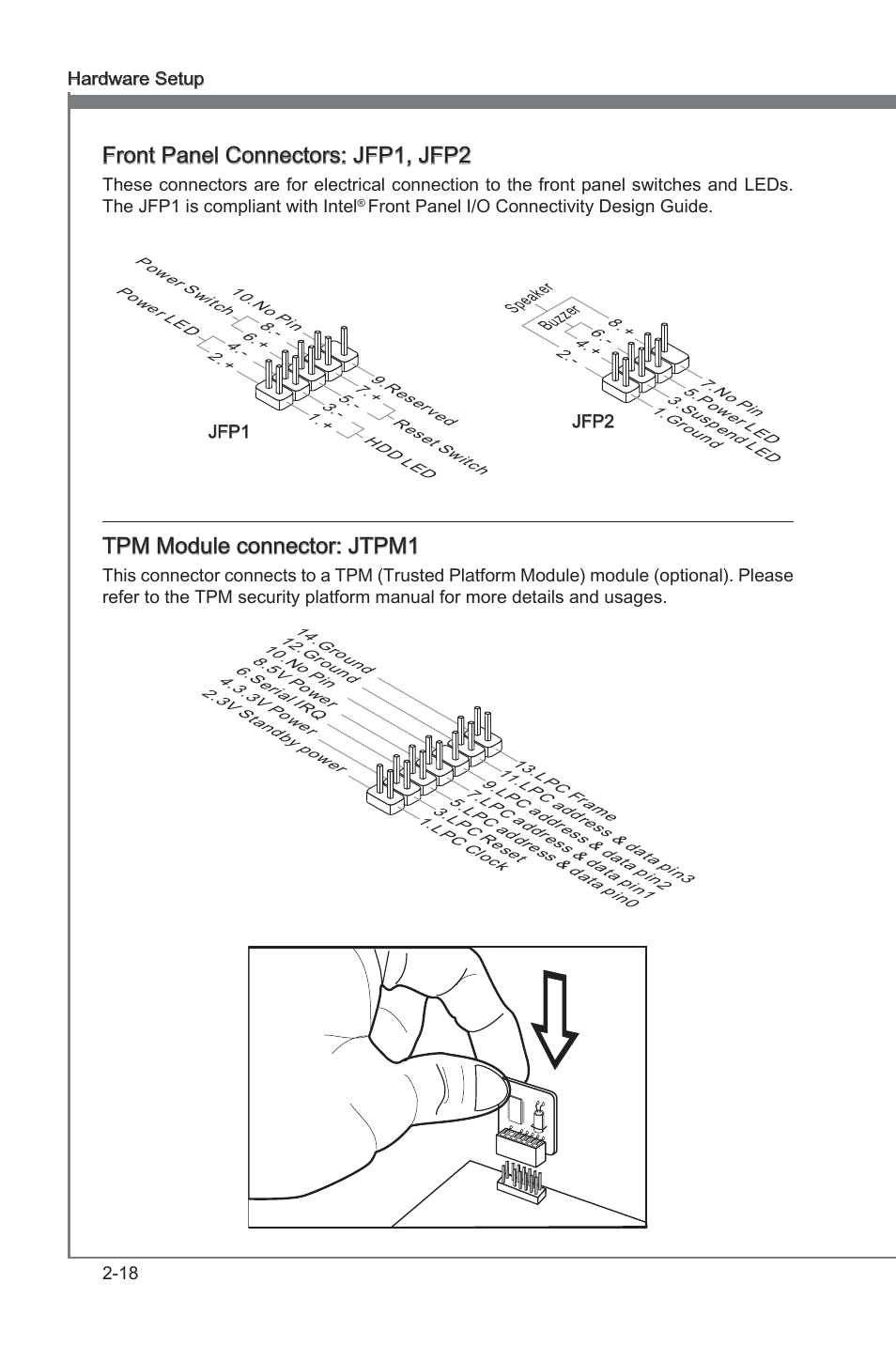 Chapter 2, Front panel connectors: jfp1, jfp2, Tpm module connector: jtpm1 | MSI X58A-GD65 User Manual | Page 34 / 100