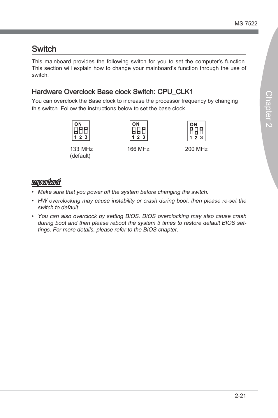 Chapter 2, Chapter 2 switch, Hardware overclock base clock switch: cpu_clk1 | Mportant | MSI X58A-GD65 User Manual | Page 37 / 100