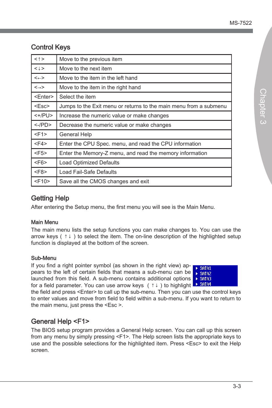 Chapter 3, Control keys, Getting help | General help <f1 | MSI X58A-GD65 User Manual | Page 43 / 100