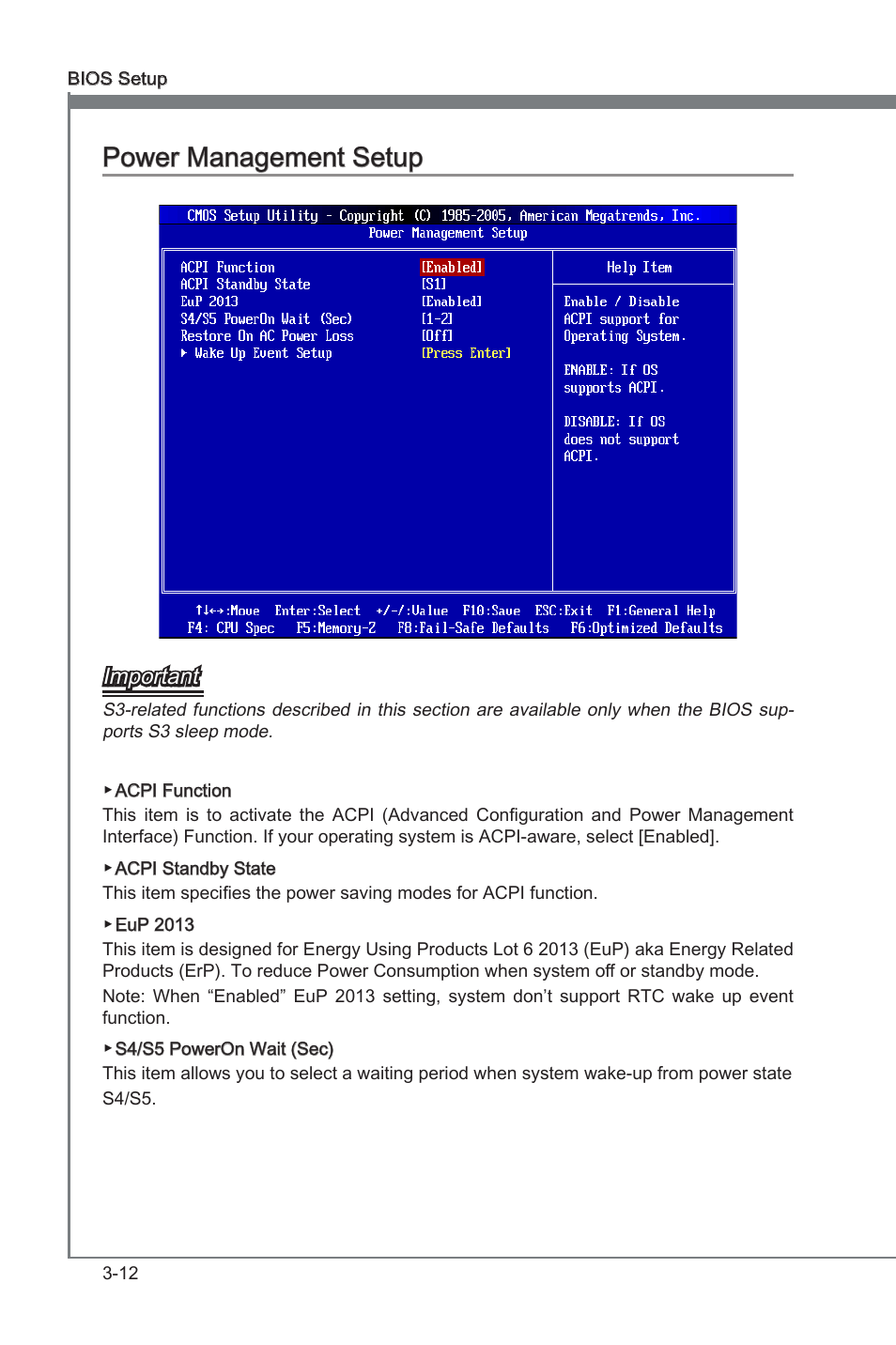 Chapter 3, Chapter 3 power management setup, Important | MSI X58A-GD65 User Manual | Page 52 / 100