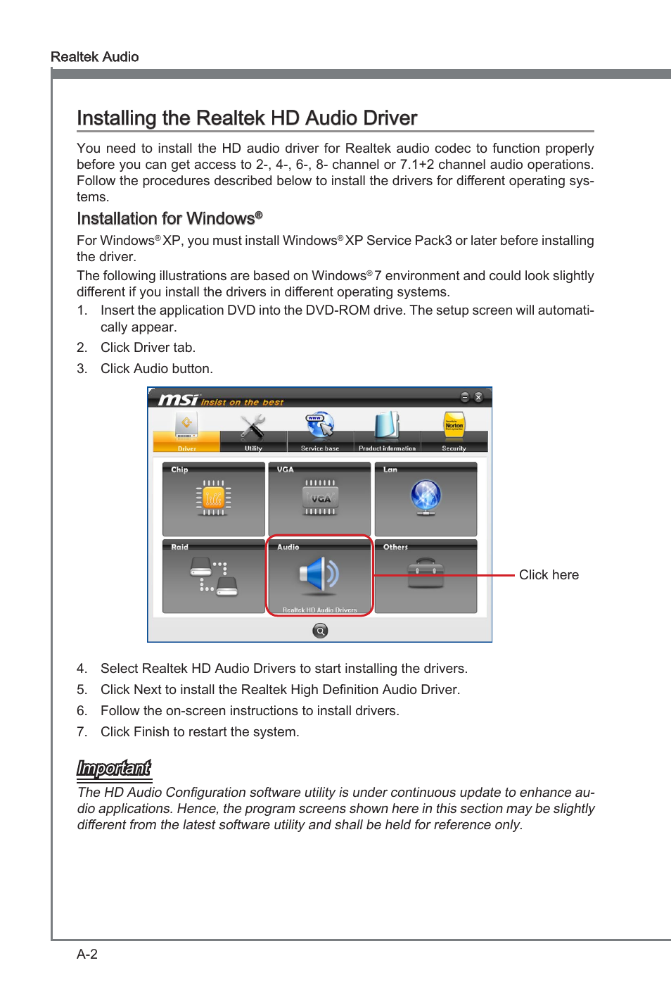 Appendix a, Appendix a installing the realtek hd audio driver, Installation for windows | Important | MSI X58A-GD65 User Manual | Page 72 / 100