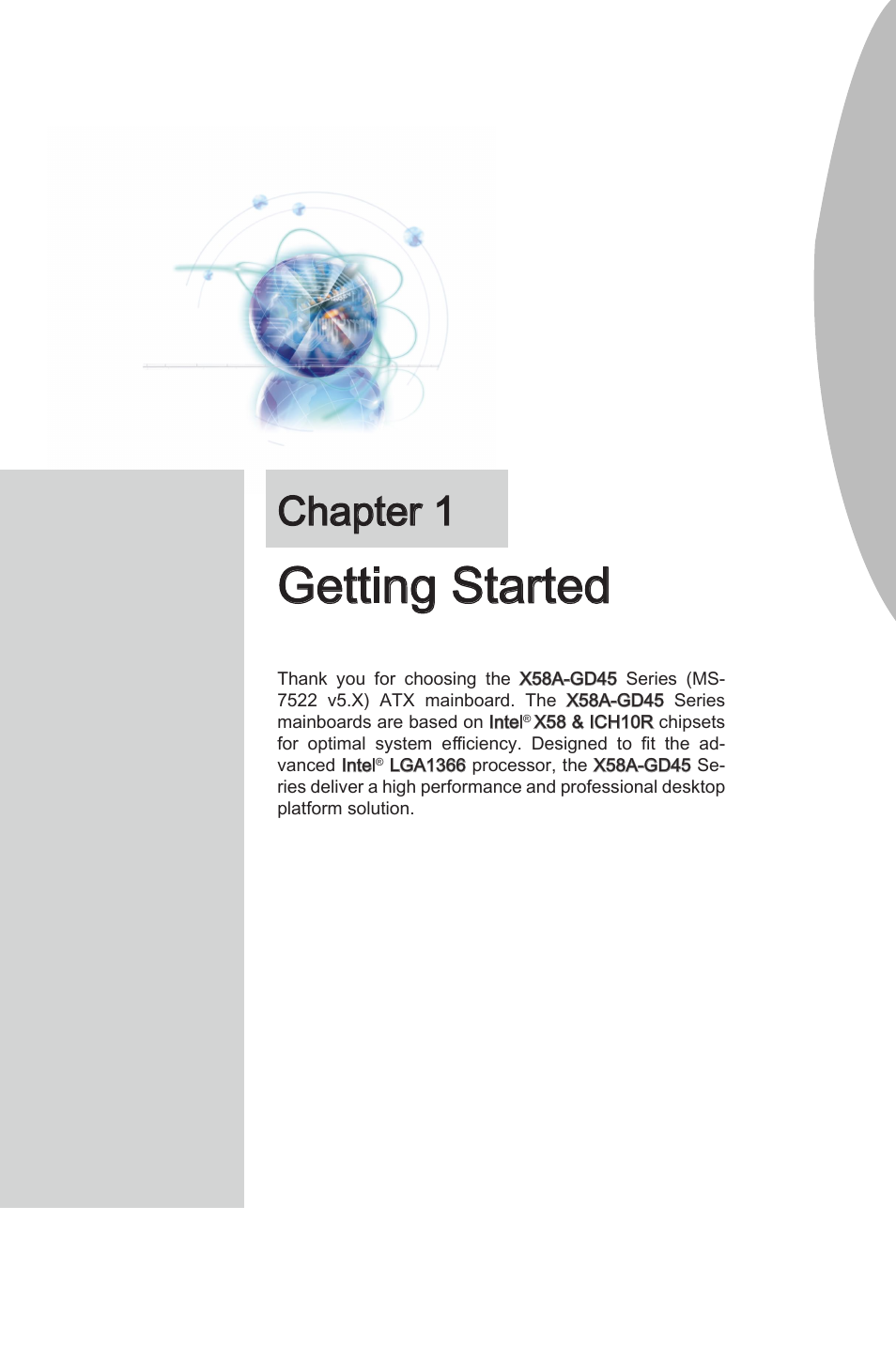 Chapter 1 getting started -1, Getting started, Chapter 1 | MSI X58A-GD45 User Manual | Page 11 / 100