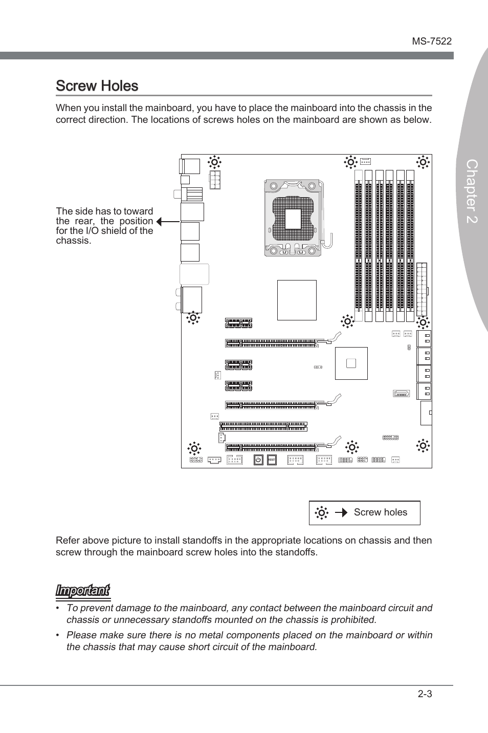 Screw holes -3, Chapter 2, Screw holes | Important | MSI X58A-GD45 User Manual | Page 19 / 100