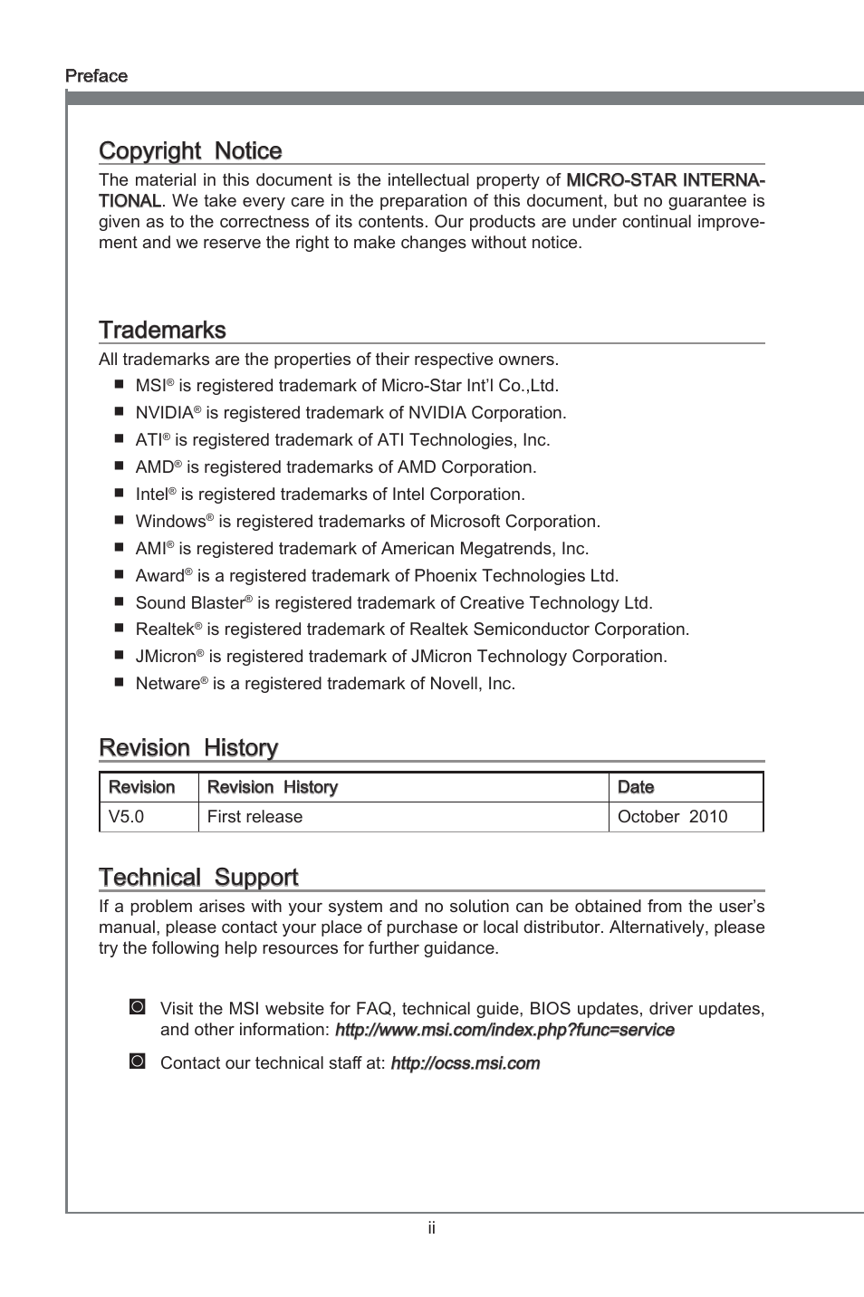 Preface, Copyright notice, Trademarks | Revision history, Technical support | MSI X58A-GD45 User Manual | Page 2 / 100