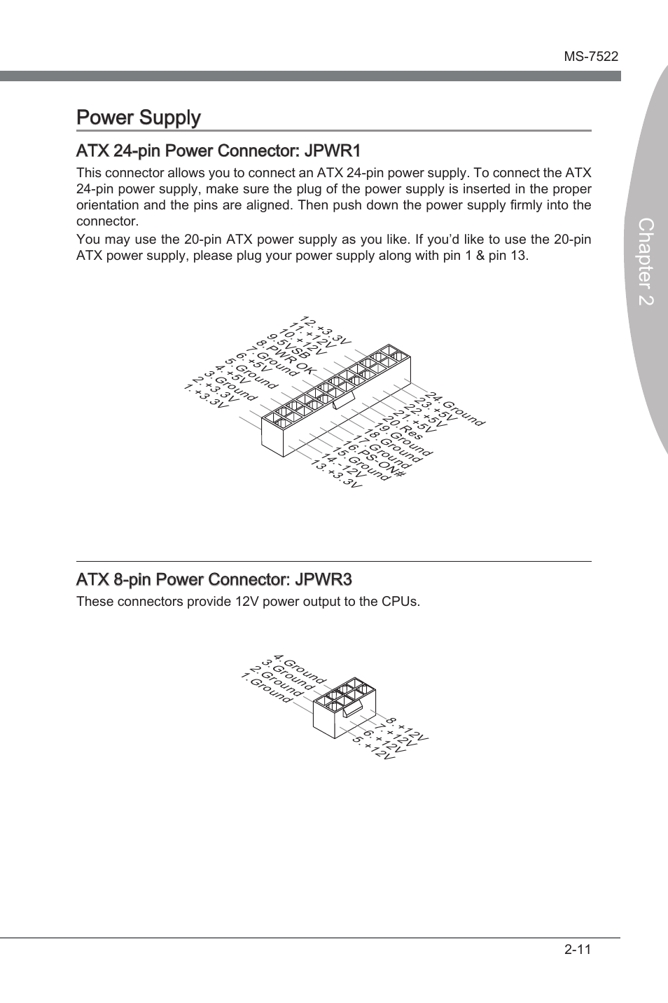 Power supply -11, Chapter 2, Chapter 2 power supply | Atx 24-pin power connector: jpwr1, Atx 8-pin power connector: jpwr3 | MSI X58A-GD45 User Manual | Page 27 / 100