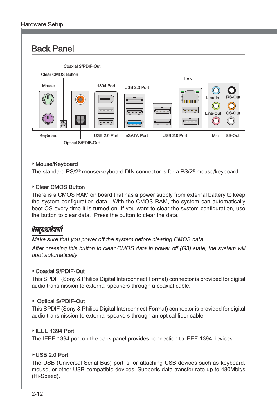 Back panel -12, Chapter 2, Chapter 2 back panel | Important | MSI X58A-GD45 User Manual | Page 28 / 100