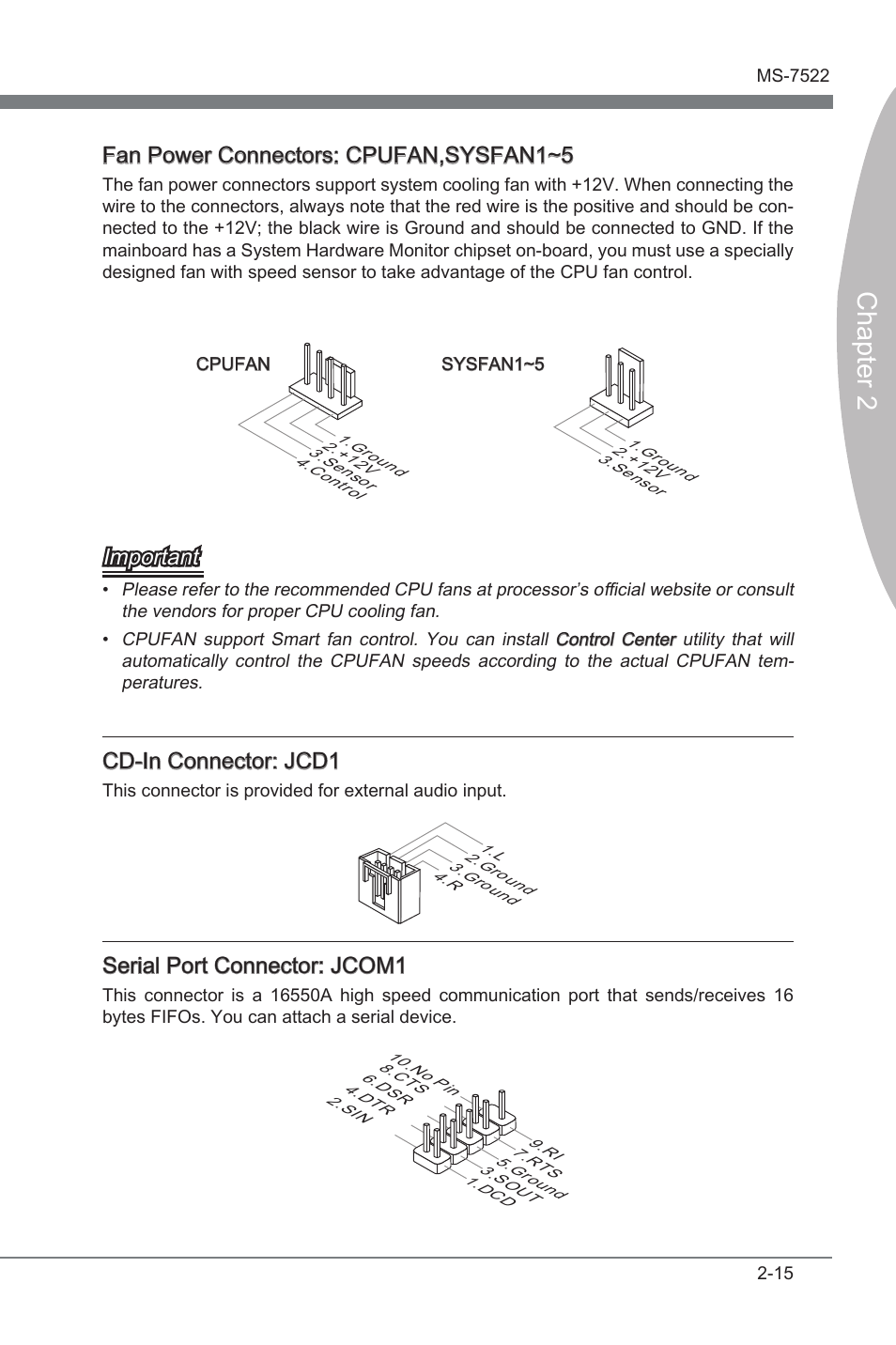 Chapter 2, Fan power connectors: cpufan,sysfan1~5, Important | Cd-in connector: jcd1, Serial port connector: jcom1 | MSI X58A-GD45 User Manual | Page 31 / 100