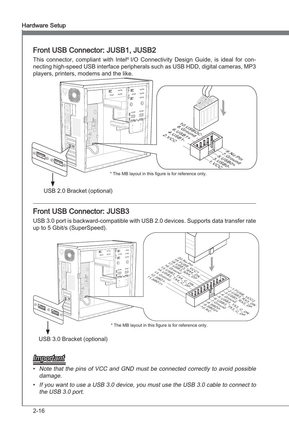 Chapter 2, Front usb connector: jusb1, jusb2, Front usb connector: jusb3 | Important, Hardware setup ms-7522, This connector, compliant with intel, Usb 2.0 bracket (optional), Usb 3.0 bracket (optional) | MSI X58A-GD45 User Manual | Page 32 / 100
