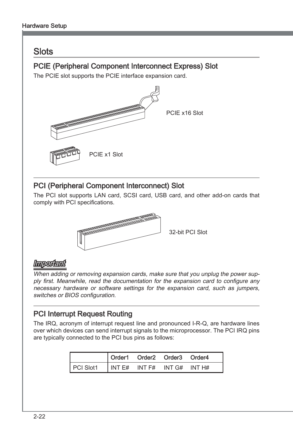 Slots -22, Pcie, p.2-2, Pci, p.2-22 | Chapter 2, Chapter 2 slots | MSI X58A-GD45 User Manual | Page 38 / 100