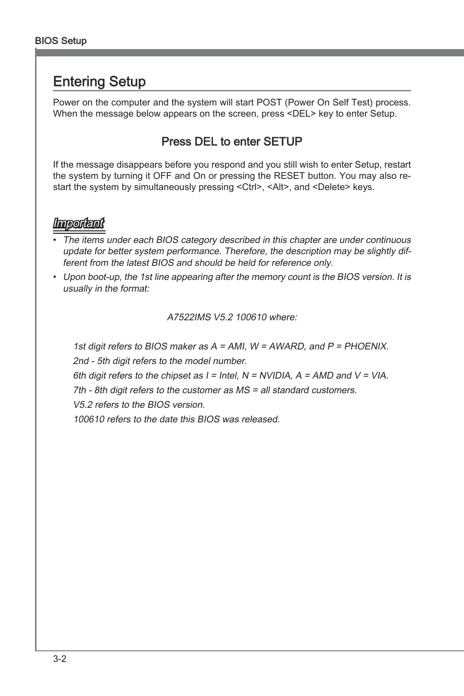 Entering setup -2, Chapter 3, Chapter 3 entering setup | Press del to enter setup, Important | MSI X58A-GD45 User Manual | Page 42 / 100