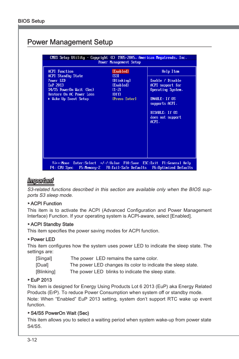 Power management setup -12, Chapter 3, Chapter 3 power management setup | Important | MSI X58A-GD45 User Manual | Page 52 / 100