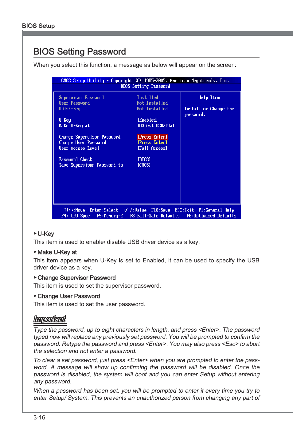 Bios setting password -16, Chapter 3, Chapter 3 bios setting password | Important | MSI X58A-GD45 User Manual | Page 56 / 100