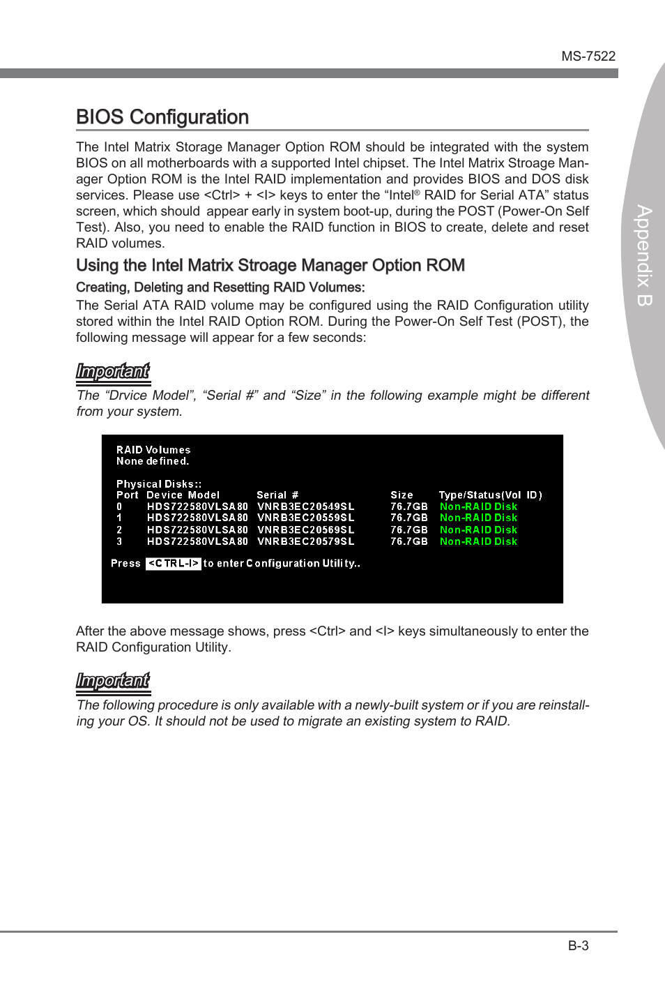 Appendix b, Appendix b bios configuration, Using the intel matrix stroage manager option rom | Important | MSI X58A-GD45 User Manual | Page 79 / 100