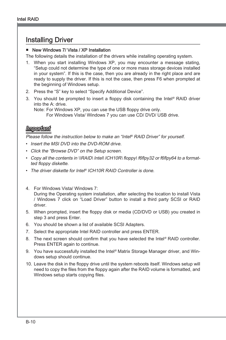 Appendix b, Installing driver, Important | MSI X58A-GD45 User Manual | Page 86 / 100