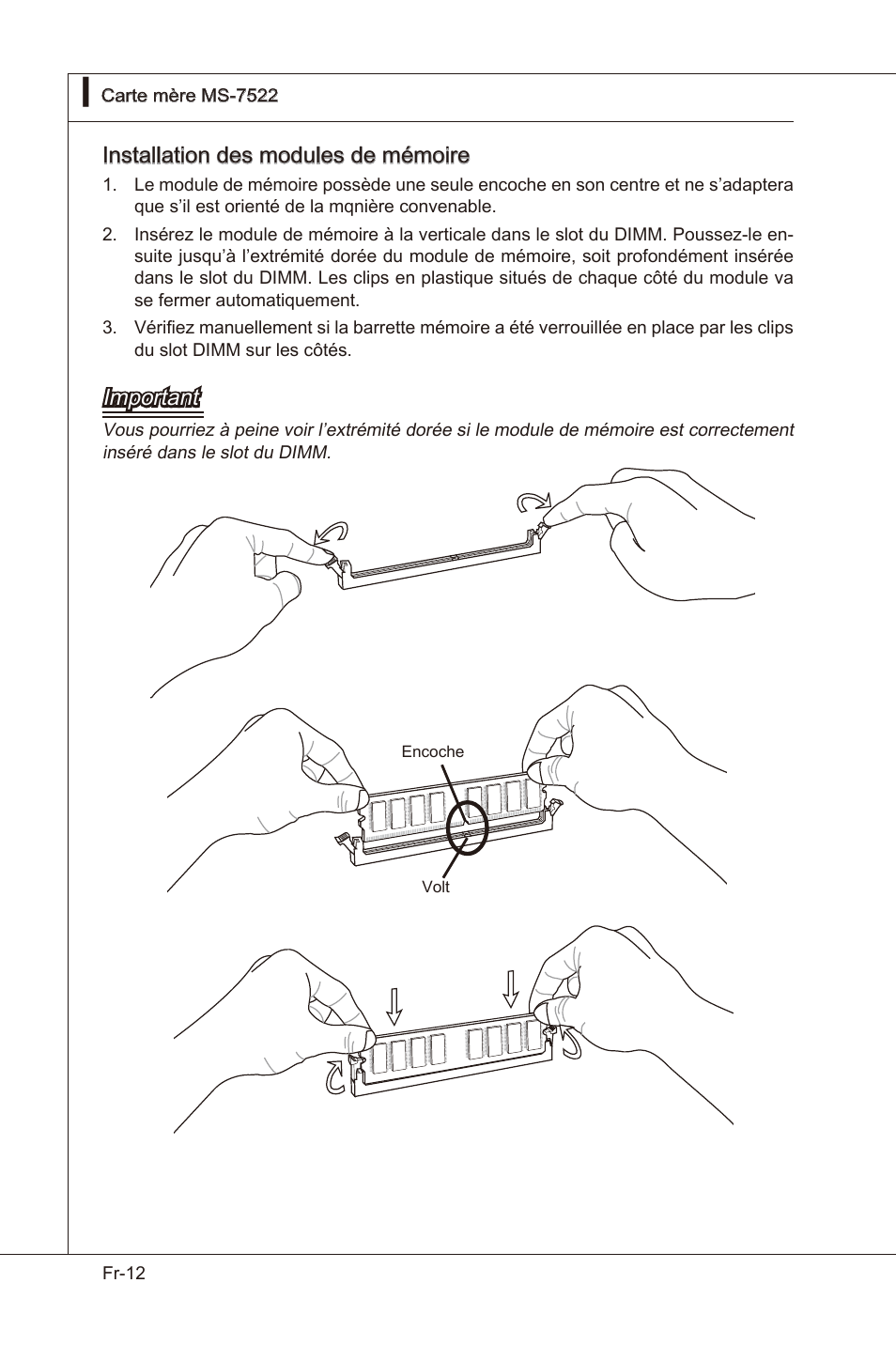 Installaton des modules de mémore, Important | MSI X58 Pro-E User Manual | Page 102 / 170