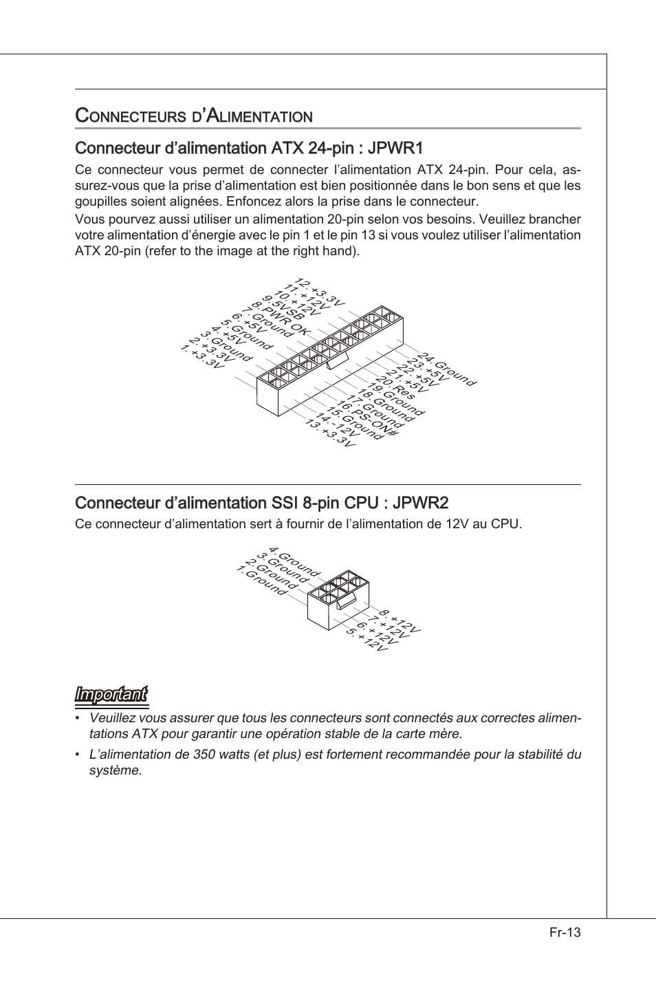 Connecteur d’almentaton atx 24-pn : jpwr1, Connecteur d’almentaton ssi 8-pn cpu : jpwr2, Important | MSI X58 Pro-E User Manual | Page 103 / 170