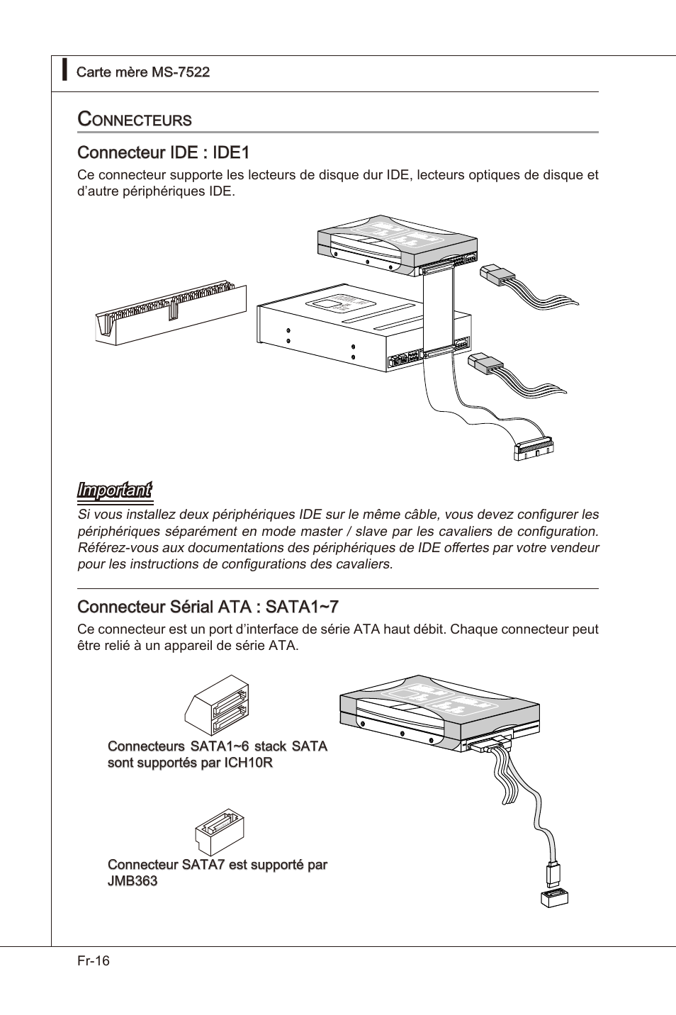 Connecteur ide : ide1, Important, Connecteur séral ata : sata1~7 | Onnecteurs | MSI X58 Pro-E User Manual | Page 106 / 170
