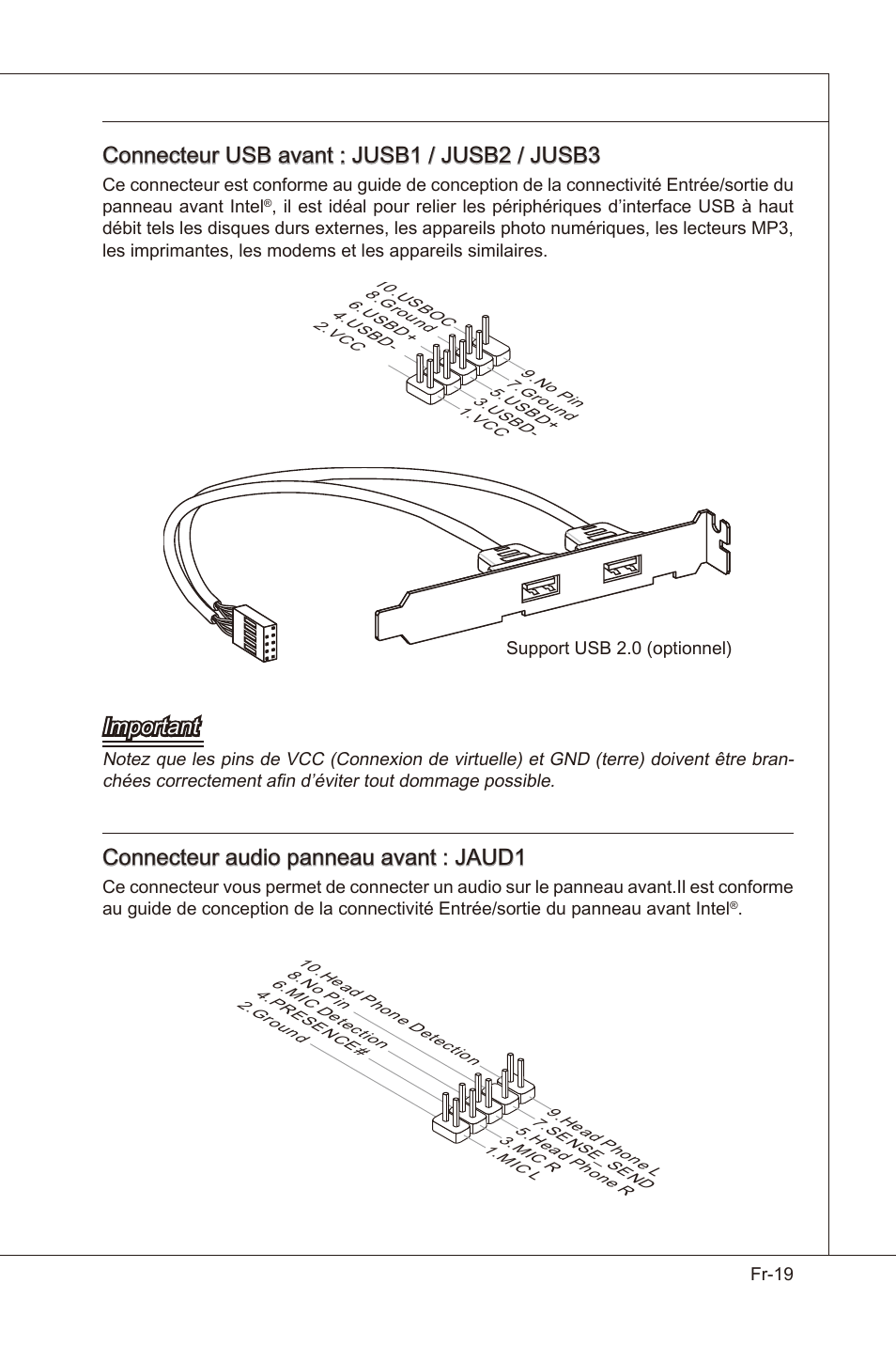 Connecteur usb avant : jusb1 / jusb2 / jusb3, Important, Connecteur audo panneau avant : jaud1 | MSI X58 Pro-E User Manual | Page 109 / 170