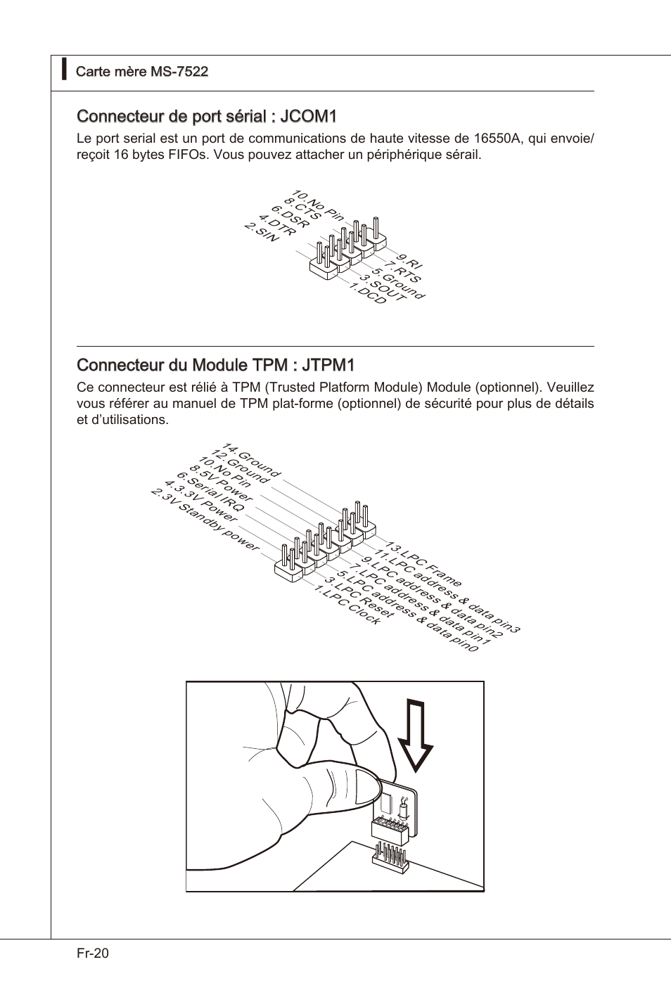 Connecteur de port séral : jcom1, Connecteur du module tpm : jtpm1 | MSI X58 Pro-E User Manual | Page 110 / 170